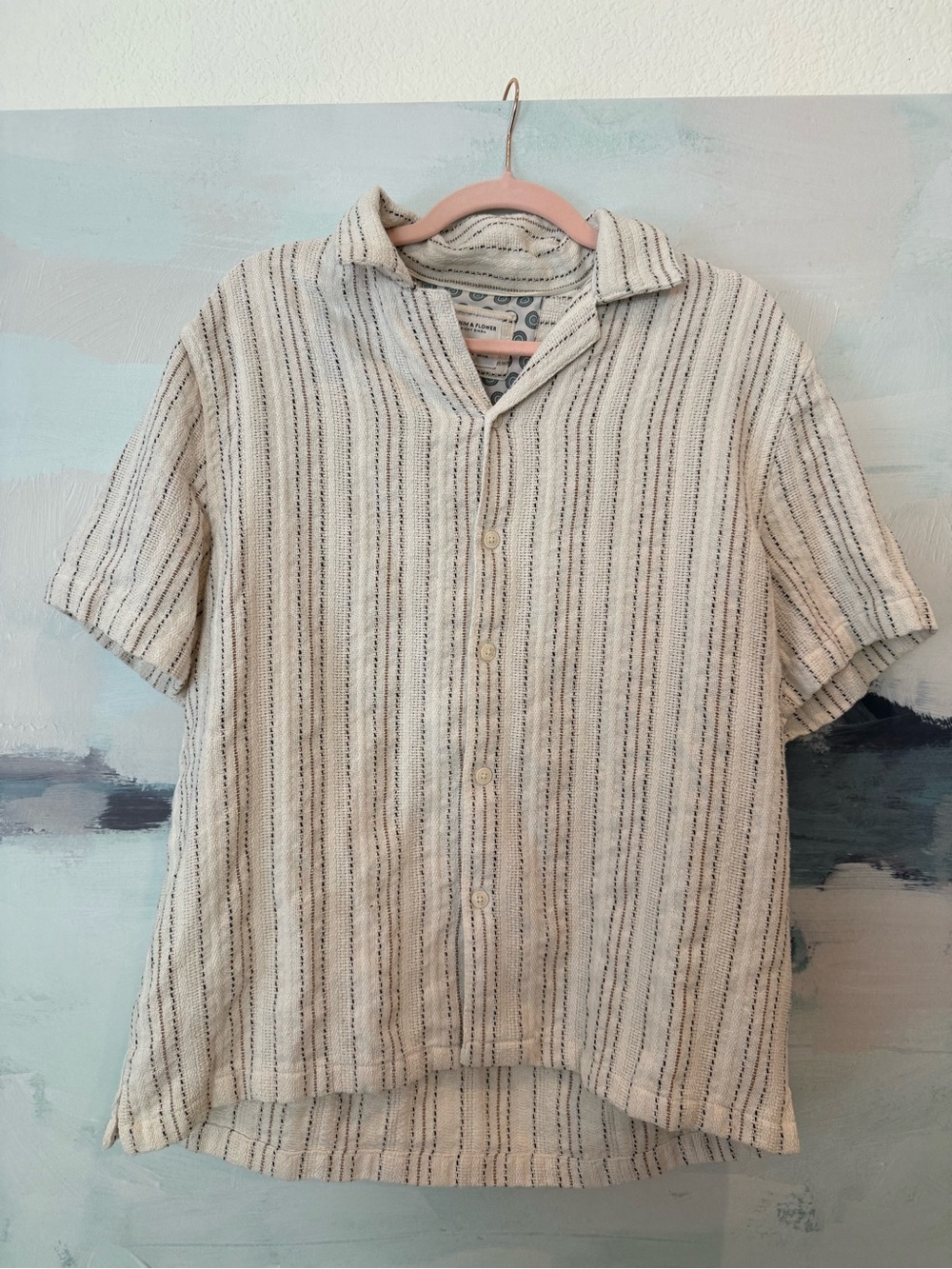 Denim & Flower Cream Button-Down Short Sleeve Shirt with Thin Black Stripes
